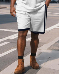 Men's Plus Size Business Blue Stripe Print Short Sleeve Polo Shirt Shorts Suit