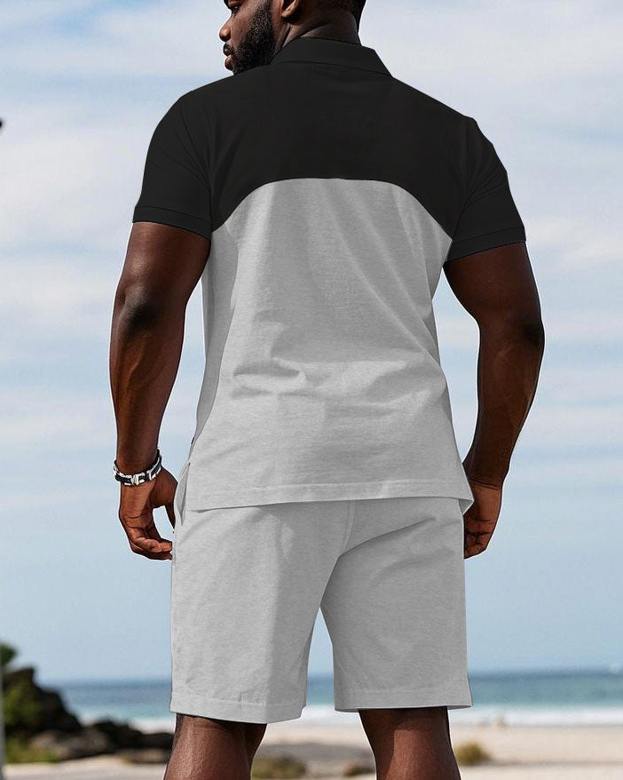 Men's Plus Size Classic Black & Light Melange Gray Design Patchwork Short Sleeve POLO Shorts Suit