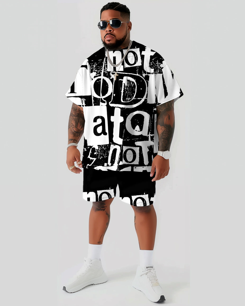 Letter Full Print T-Shirt Shorts Suit Men's Plus Size