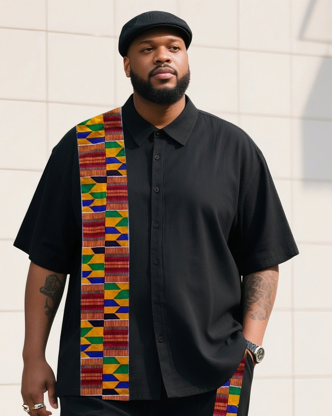Big Boy Must-Have 2025 Popular African Impression Striped Short Sleeve Shirt Trousers Suit