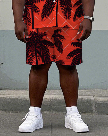 Men's Big and Tall Hawaii Casual Plaid Palm Trees Printed Cuban Collar Short Sleeve Shirt Shorts Set