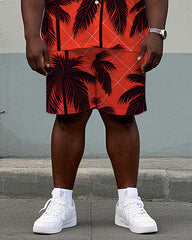 Men's Big and Tall Hawaii Casual Plaid Palm Trees Printed Cuban Collar Short Sleeve Shirt Shorts Set