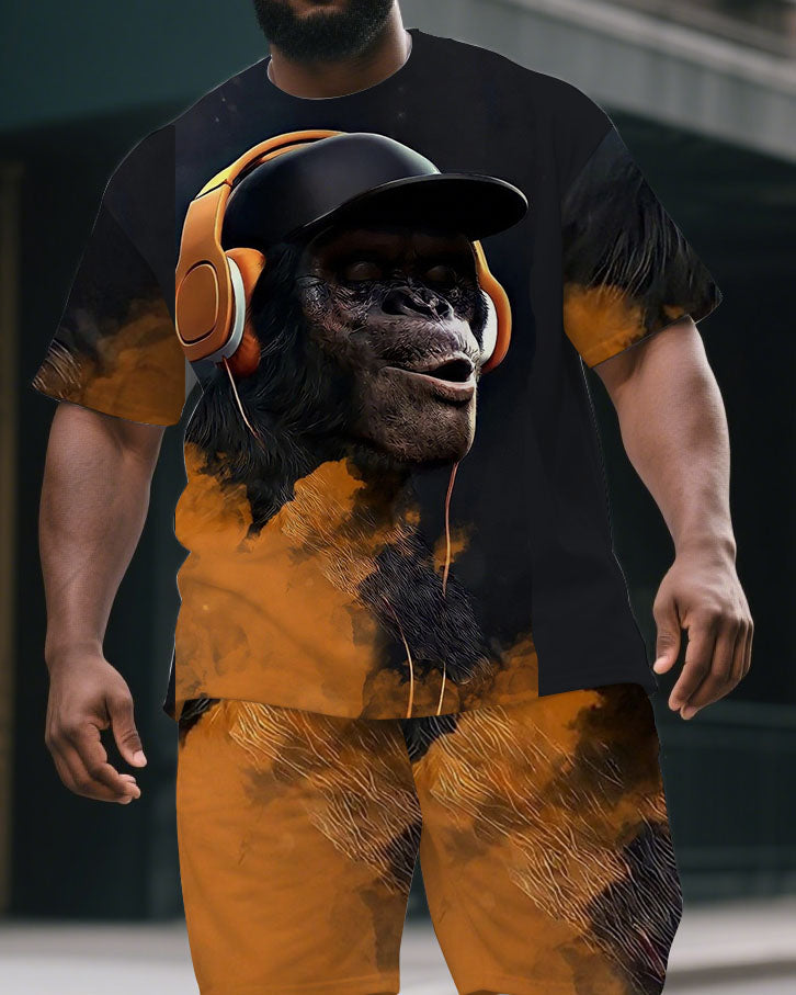 Men's Big & Tall Cartoon Splicing Headphone Gorillas Print Short-Sleeved T-shirt & Short Set