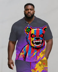 Big Men's Simple Stripe Bear Printed Streetwear Short-Sleeve Polo Shirt Shorts Set