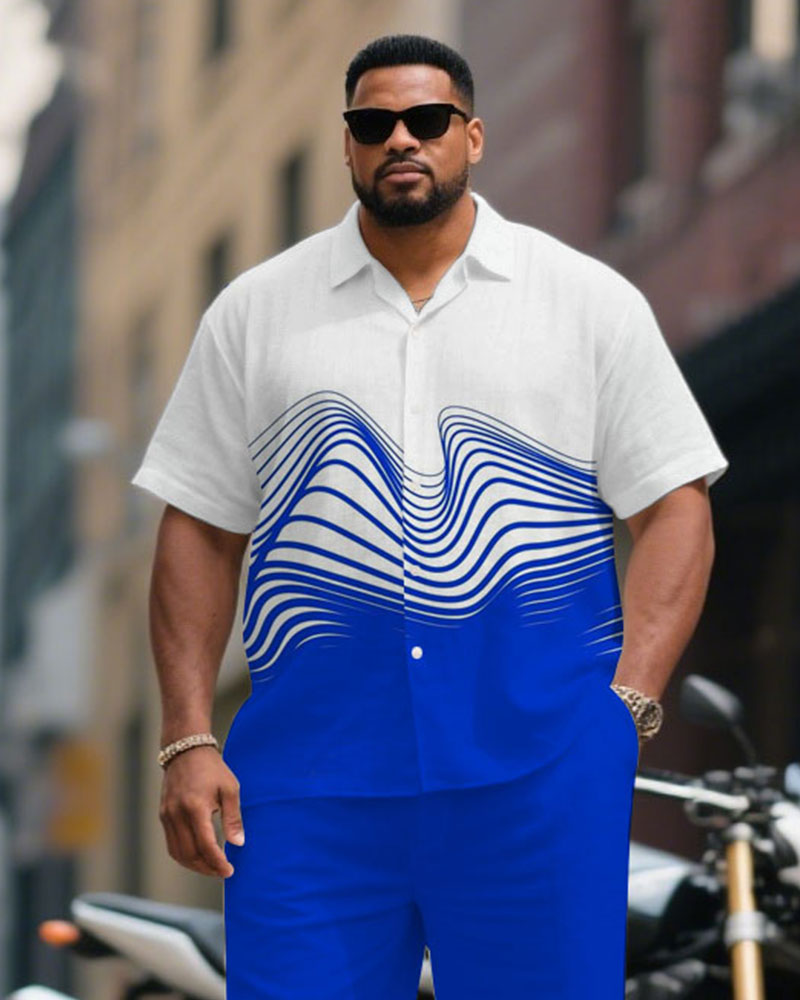 Men's Plus Size Business Blue Line Fluctuation Print Short Sleeve Shirt Trousers Suit