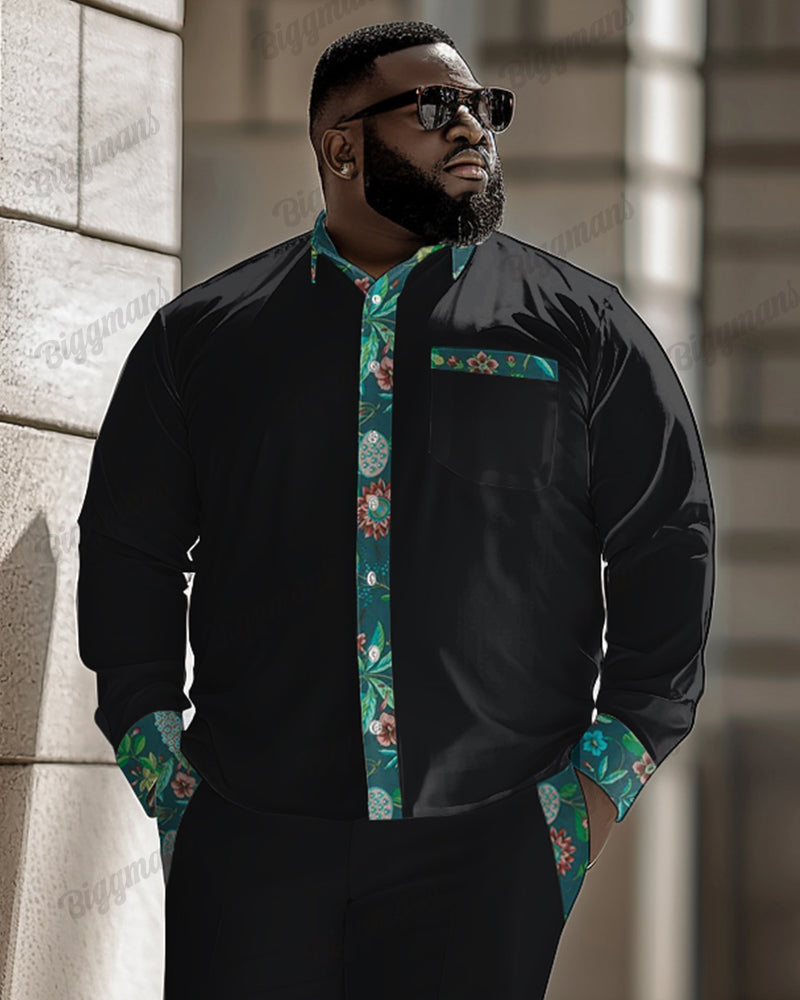 Featured Flower Plant Patchwork Pocket Long Sleeve Lar Shirt 2-Piece Set Men's Plus Size