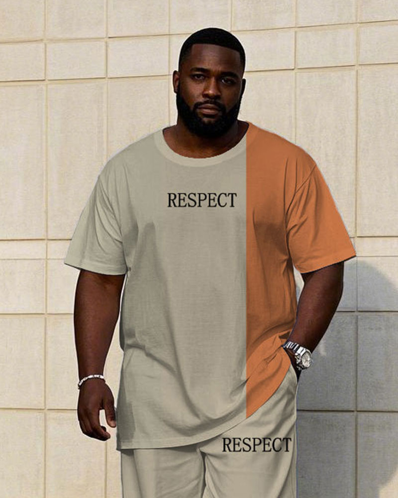 Men's Plus Size Casual Khaki & Test Colorblock "Respect" Chest Print Short Sleeve T-Shirt Trousers Suit