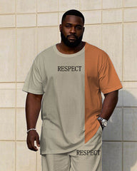 Men's Plus Size Casual Khaki & Test Colorblock "Respect" Chest Print Short Sleeve T-Shirt Trousers Suit