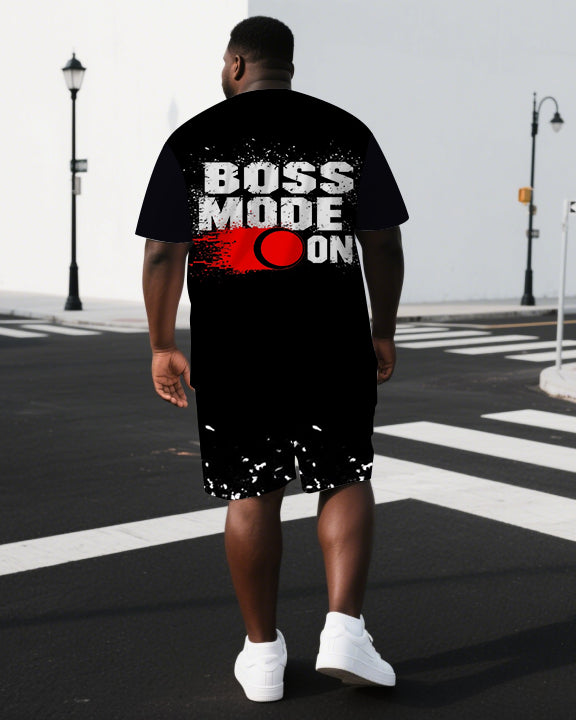 Men's Simple Punk Style BOSS MODE ON Black Print Short-Sleeve T-shirt and Shorts Big & Tall Set