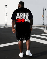 Men's Simple Punk Style BOSS MODE ON Black Print Short-Sleeve T-shirt and Shorts Big & Tall Set