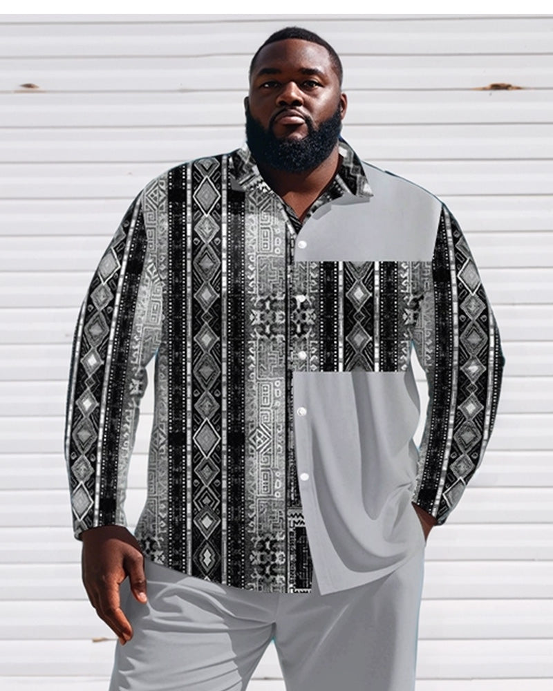 Men's Plus Size Grey Patchwork Ethnic Geometric Print Long Sleeve Shirt Trousers Suit