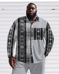 Men's Plus Size Grey Patchwork Ethnic Geometric Print Long Sleeve Shirt Trousers Suit