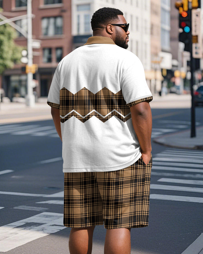 Big & Tall Men's Business Brown Colorblock Check Print Short Sleeve Polo Shirt Shorts Suit