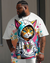 Men's Plus Size Street Fashion Graffiti Cat Print T-Shirt Trousers Suit