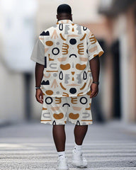 Men's Plus Size Street Fashion Grey Colorblock Geometric Print Shirt Shorts Suit