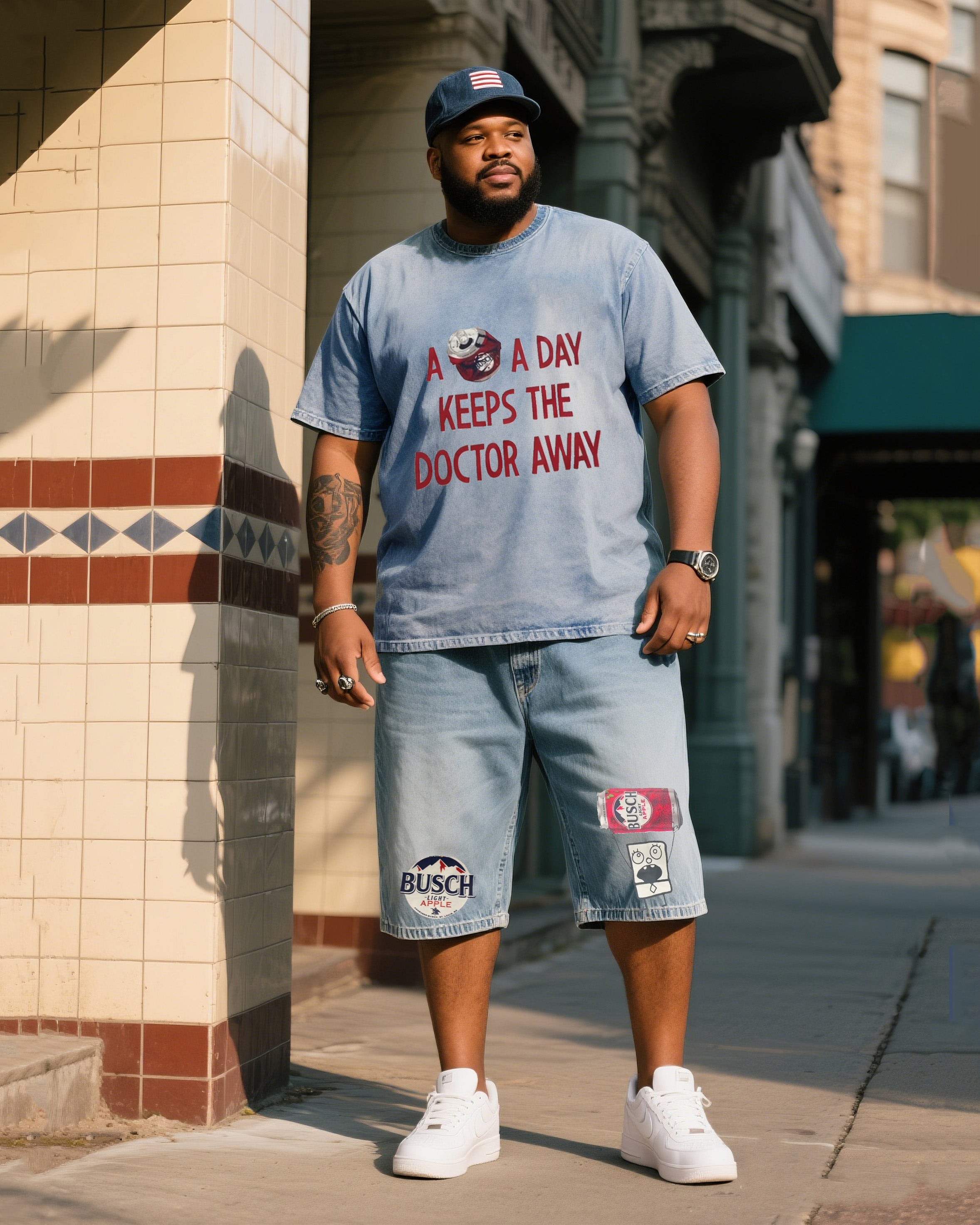 Big Man A Beer DAY KEEPS THE DOCTOR AWAY Printed Short Sleeve Shorts Denim Suit