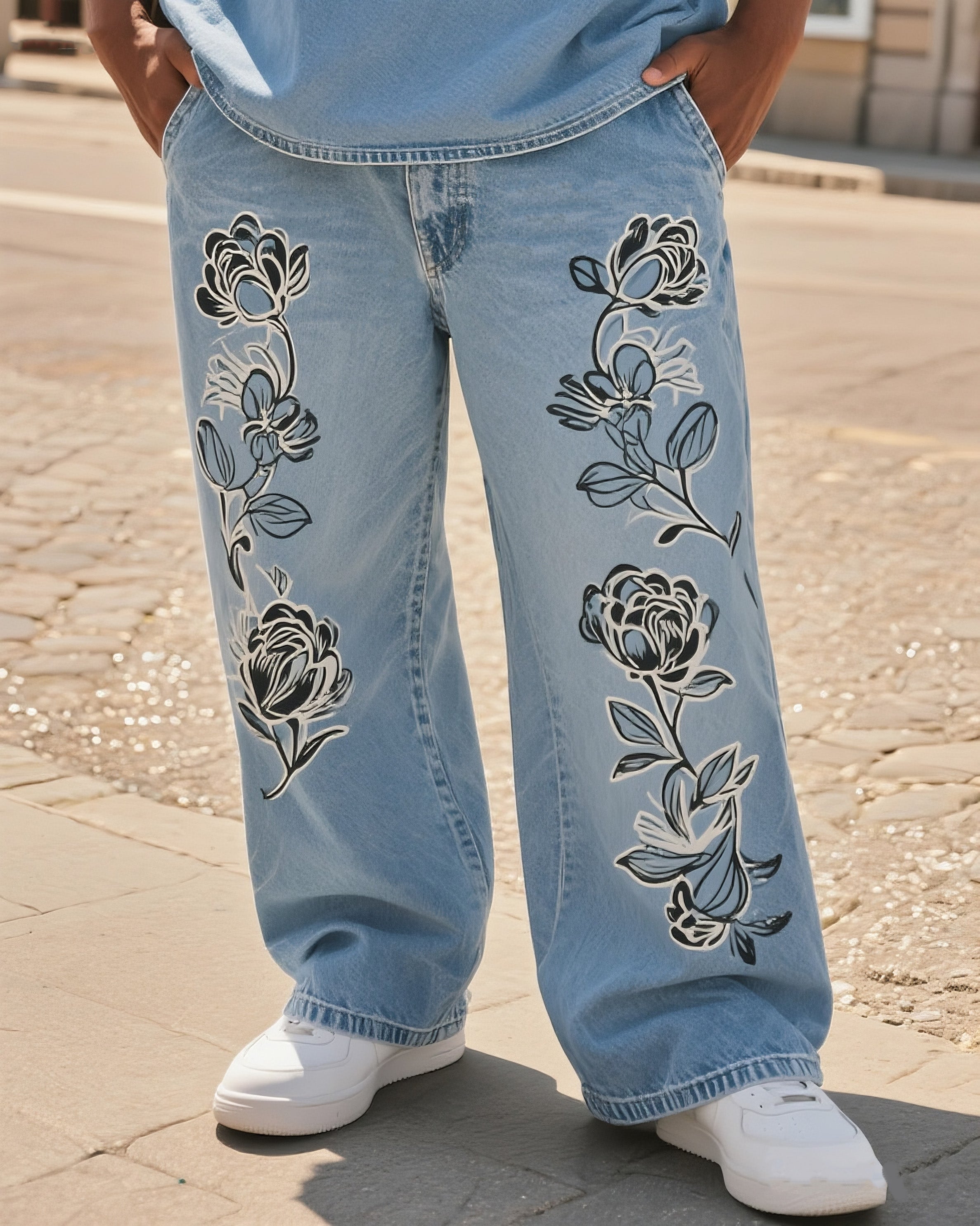 Big & Tall Men's Street Fashion Trend Personalized Black Rose Flower Denim Trousers