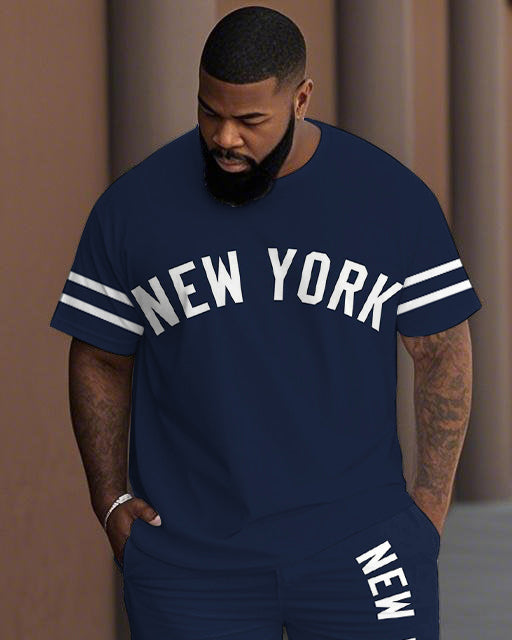 Men's Plus Size Old School New York Lettering Stripes Short Sleeve T-Shirt Shorts Suit