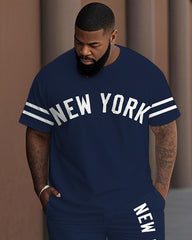 Men's Plus Size Old School New York Lettering Stripes Short Sleeve T-Shirt Shorts Suit