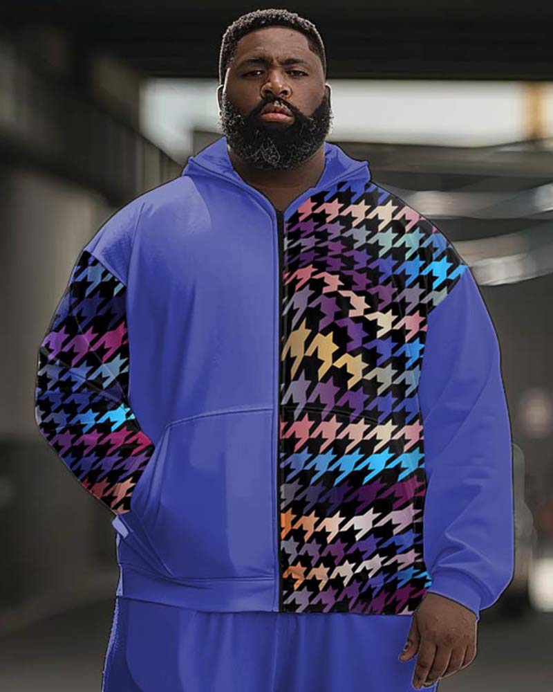 Men's Plus Size Street Fashion Houndstooth Patchwork Print Sport Zipper Hoodie Suit