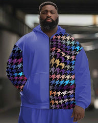 Men's Plus Size Street Fashion Houndstooth Patchwork Print Sport Zipper Hoodie Suit
