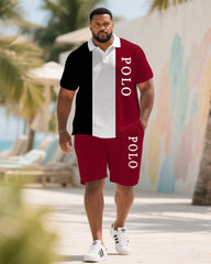 Big & Tall Men's Summer Black & White & Red Striped Polo Short Sleeve Shirt Shorts Suit