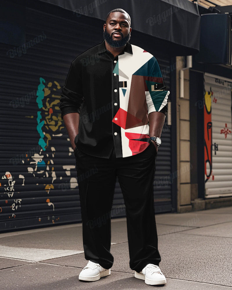Men's Plus Size Black Colorblock Abstract Clown Cartoon Print Long Sleeve Shirt Trousers Suit