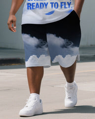 Big and Tall Men's Gradient Style Sky PRISON Theme Lettering Short Sleeve Polo Shirt Shorts Set