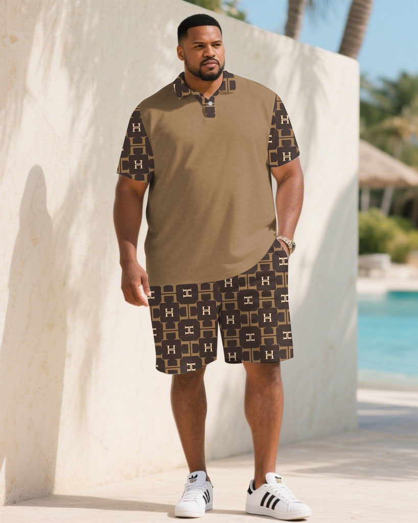 Big & Tall Men's Summer Khaki Big Brand Pattern Stitching Polo Short Sleeve Shirt Shorts Suit