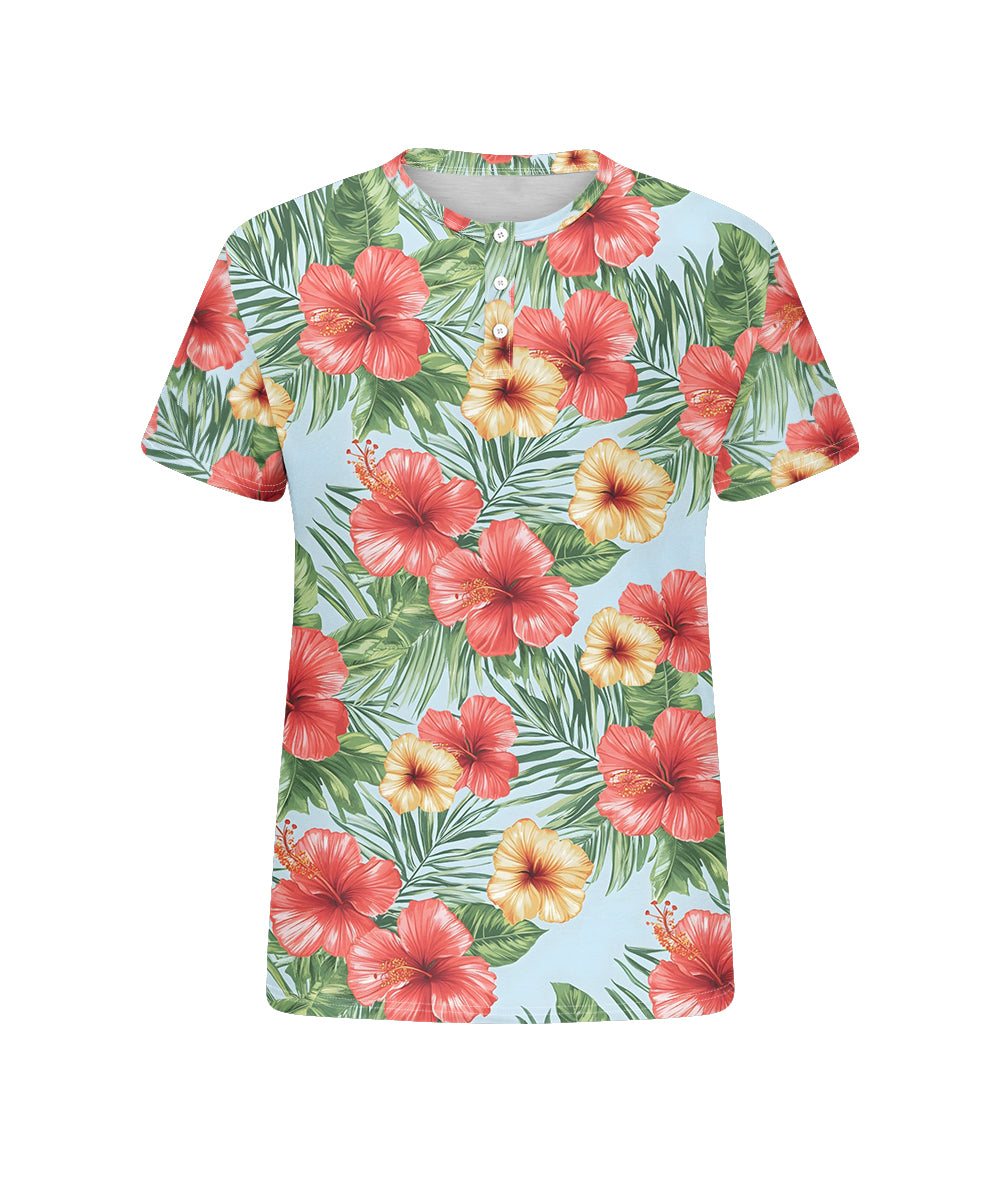 Men's Plus Size Hawaiian Blue Floral Print Henry Collar Button Short Sleeve Tee