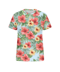 Men's Plus Size Hawaiian Blue Floral Print Henry Collar Button Short Sleeve Tee