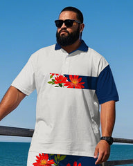 Big Men's Gentlemen Romantic Floral Stripe Printed Casual Short Sleeve Polo Shirt Shorts Set