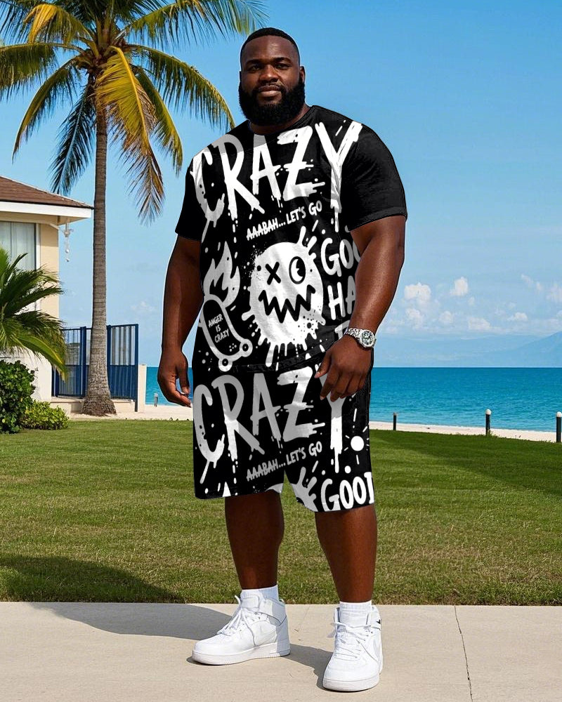 Big Men's Hip Hop Graffiti Letter Humor Face Printed Street Fashion Short Sleeve T-Shirt Shorts Set