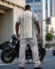 Men's Plus Size Light Gray Fashion Vertical Stripe Short Sleeve Shirt Pants Suit