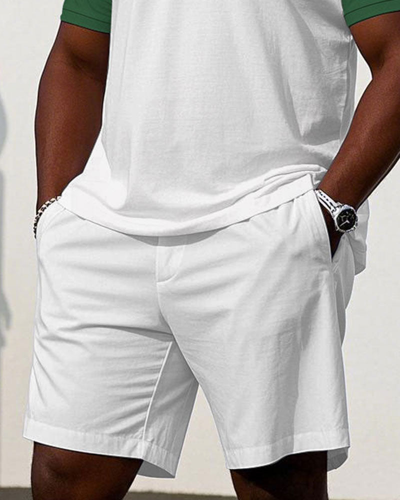 Men's large size Casual Green & White Signature Patchwork Small Label Print On Chest Short-sleeved polo shorts set