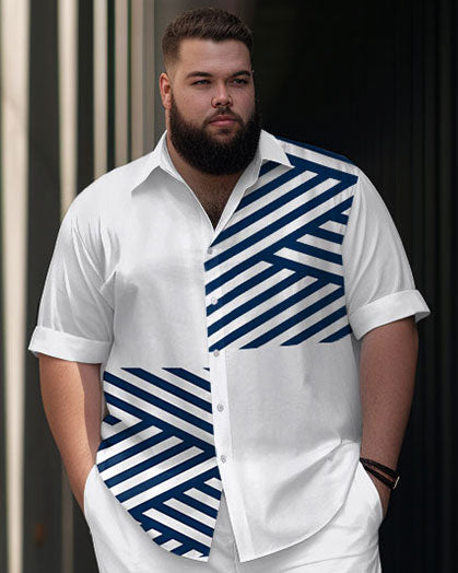 Men's Plus Size Business Simple Striped Color Matching Printed Short Sleeve Shirt Suit