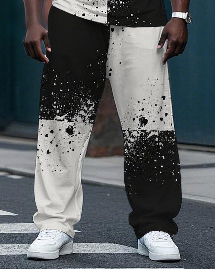 Big Men's Artistic Square Splicing Ink Spash Black & White Printed Short Sleeve T-shirt Pants Set
