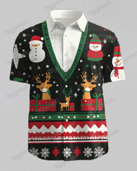 Men's Plus Size Christmas Snowman Elk Sweater Printed Short Sleeve Shirt Shorts Suit