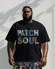 Men's Plus Size Street Fashion Denim Patching Patch Soul Letter Printed Short Sleeve T-Shirt Shorts Suit