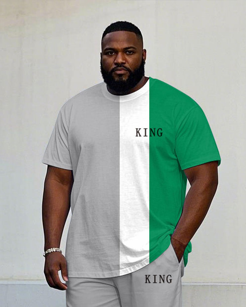 Big & Tall Men's Summer Grey & White & Green Colorblock Loose Short-sleeved T-shirt Trousers Suit