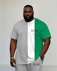Big & Tall Men's Summer Grey & White & Green Colorblock Loose Short-sleeved T-shirt Trousers Suit