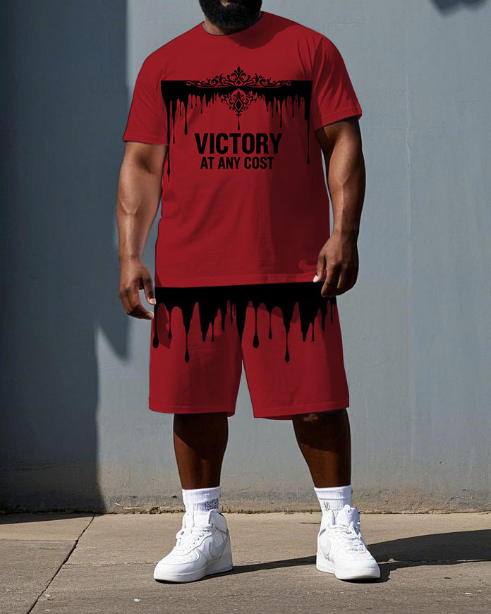 Men's Punk Style Crown VICTORY AT ANY COST Print Short-Sleeve T-shirt Big & Tall Set