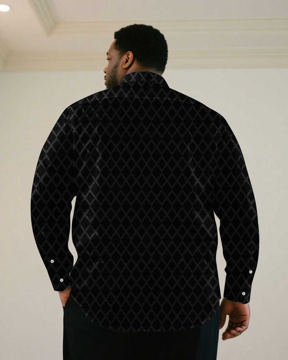 Big & Tall Men's Business Green & Khaki & Black & Red Jacquard Long Sleeve Shirt