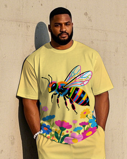 Big Men's Animal World Bee in Flower Printed Casual Crew Short Sleeve T-shirt Pants Set
