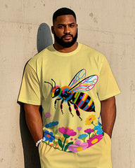 Big Men's Animal World Bee in Flower Printed Casual Crew Short Sleeve T-shirt Pants Set
