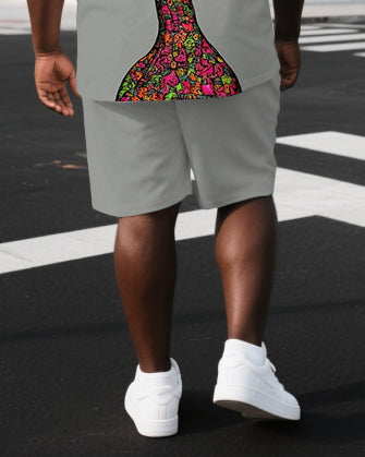 Men's Abstract Human Illustration Back Print Big & Tall Breathable Short-Sleeve T-shirt Shorts Set