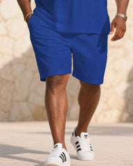 Men's large size Blue & White Colorblock Chest Pony Print Short-sleeved polo shorts set