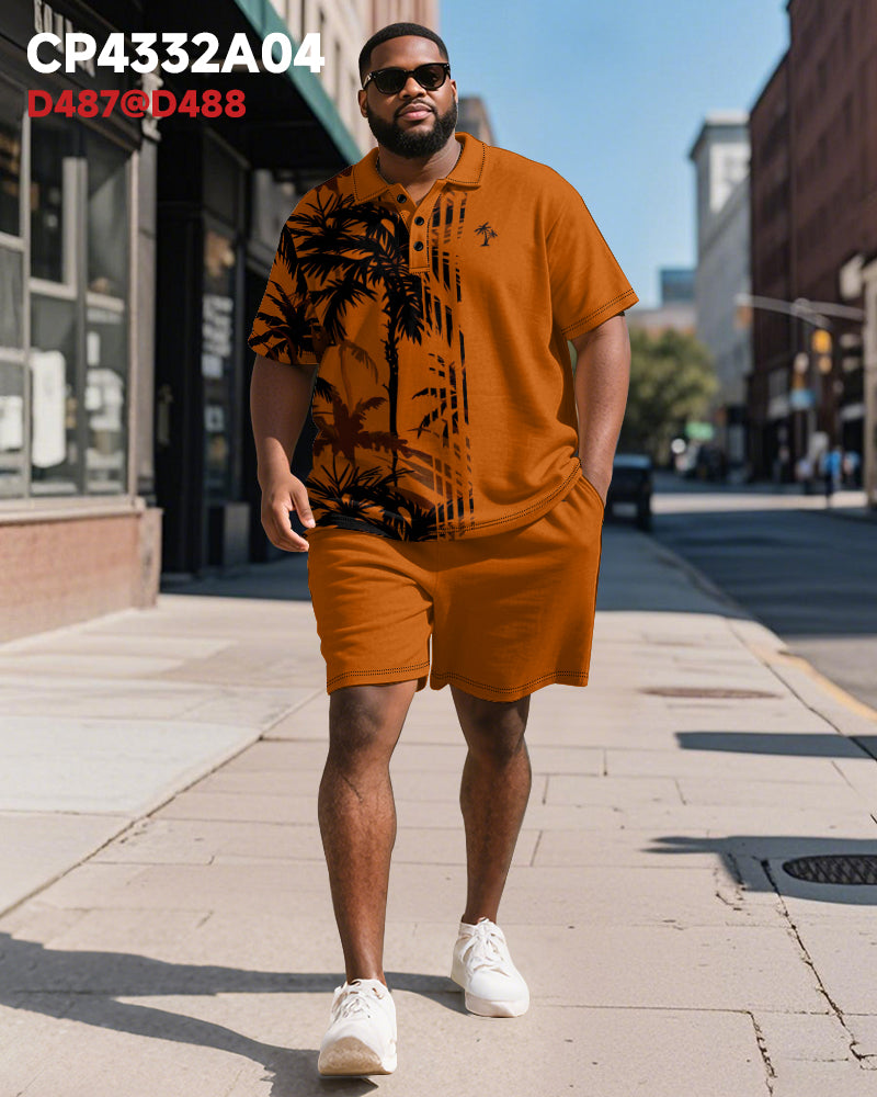 Big & Tall Men's Hawaiian Coconut Stripe Print Short Sleeve Polo Shirt Shorts Suit