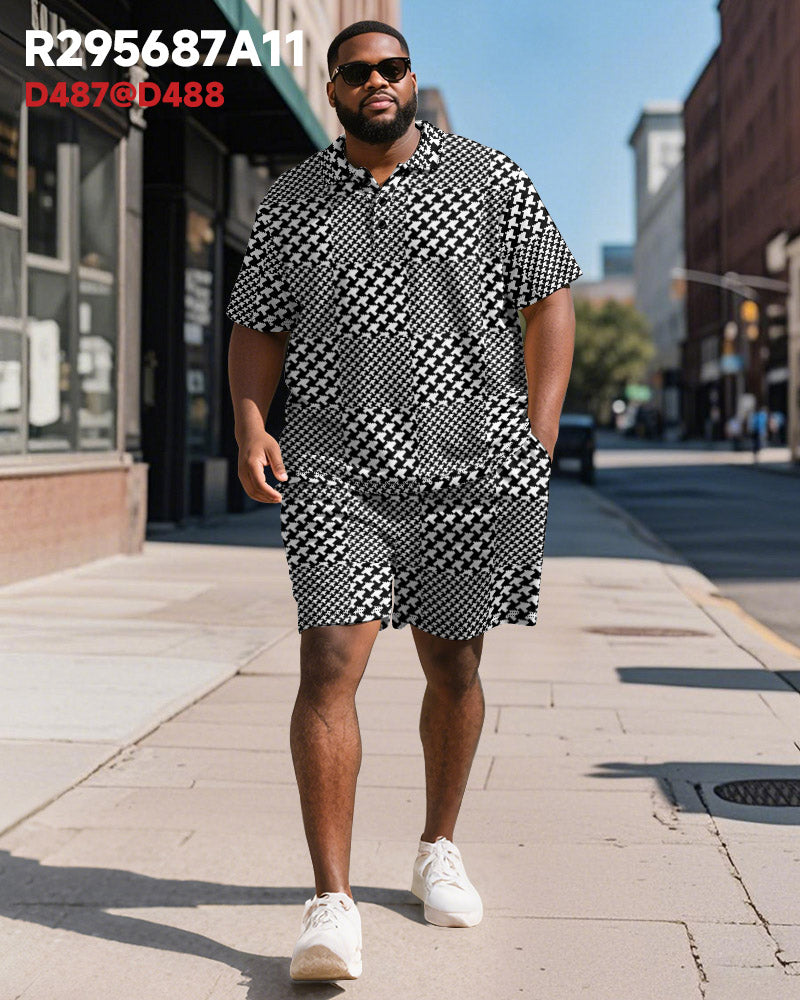 Men's Plus Size Business Houndstooth Checkerboard Printed Short Sleeve Polo Shirt Shorts Suit