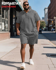 Men's Plus Size Business Houndstooth Checkerboard Printed Short Sleeve Polo Shirt Shorts Suit